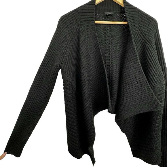 Ann Taylor Women Knit Cardigan Med Black Ribbed Cable Knit Open Front Wool Blend - Picture 4 of 12